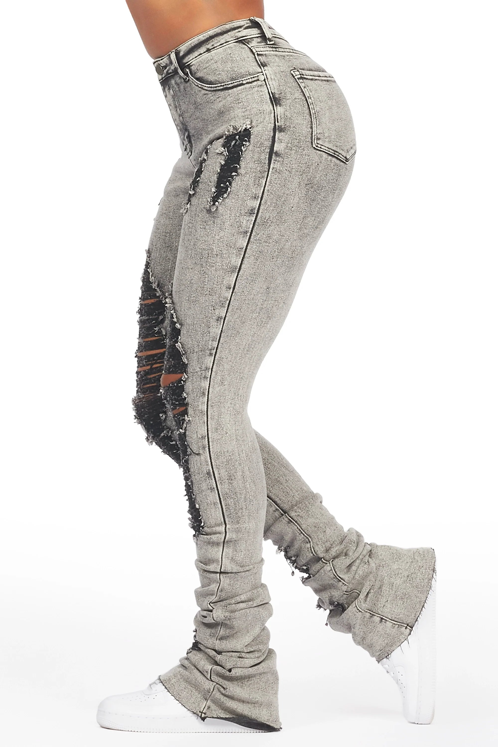 Got A Crush Grey Wash Distressed Super Stacked Jean