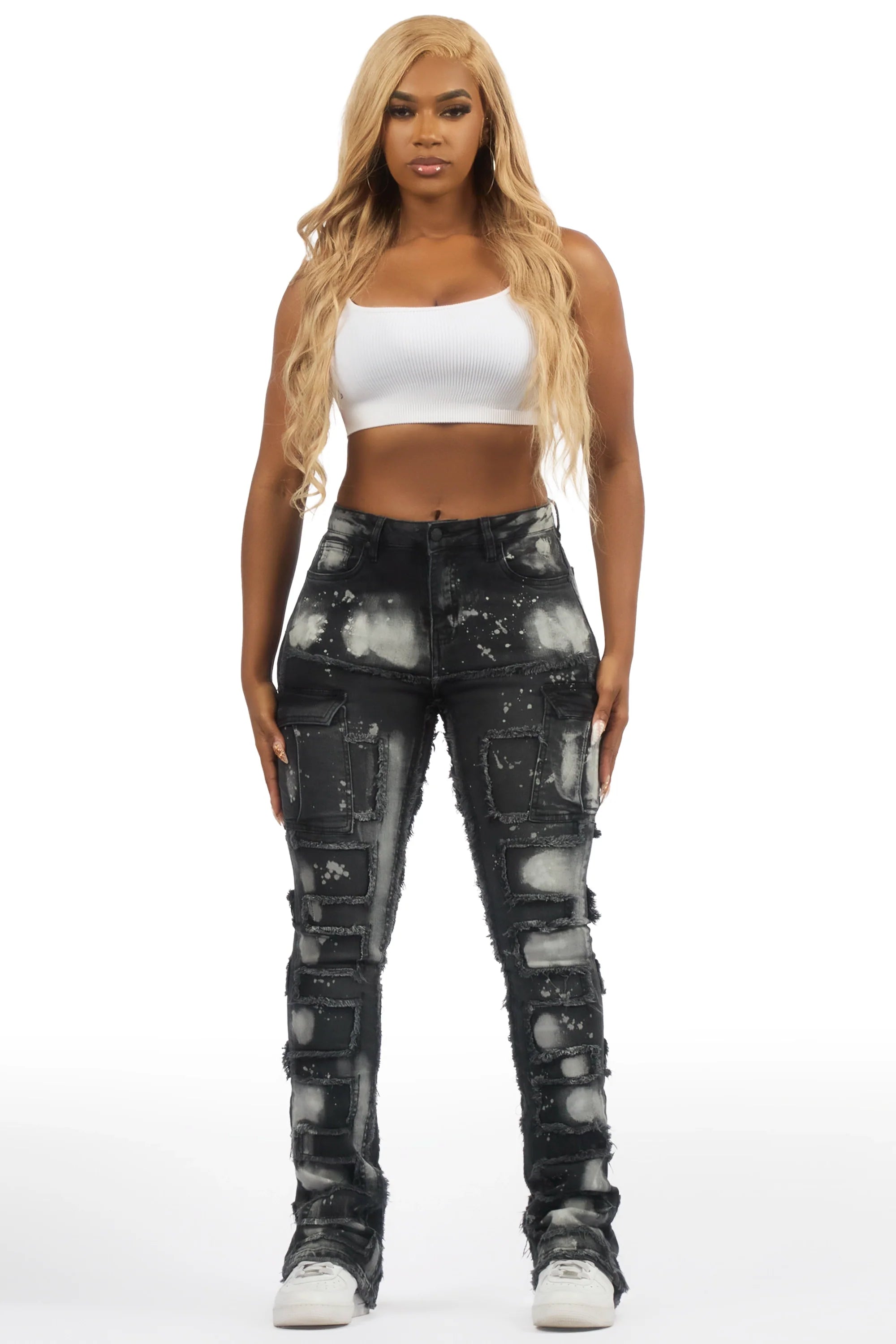 Ramia Black Bleach Stacked Flare Jean