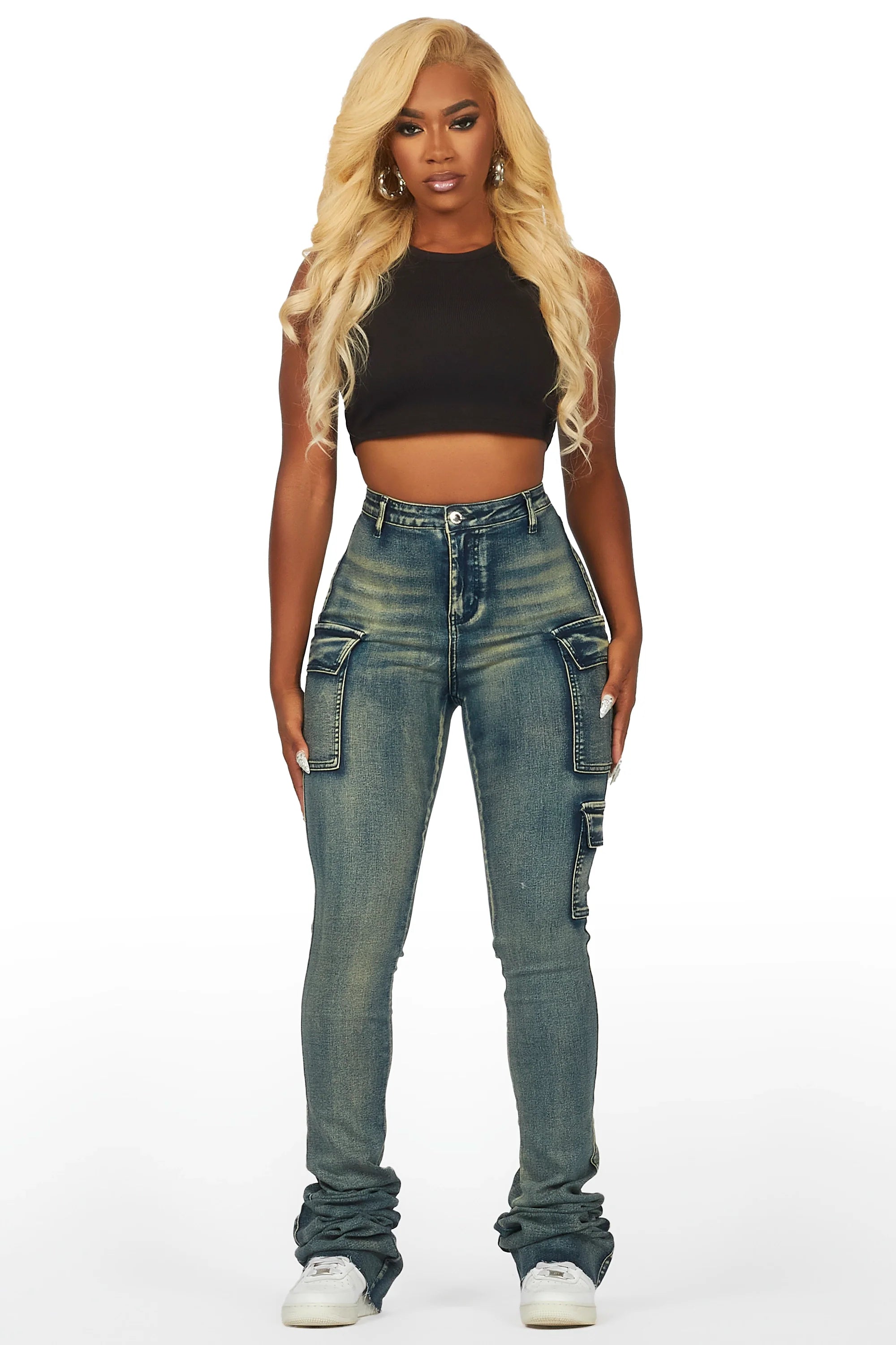 Vixen Tinted Dark Wash Cargo Super Stacked Pant