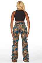 Khadiyah Blue Animal Print Tapestry Stacked Pant