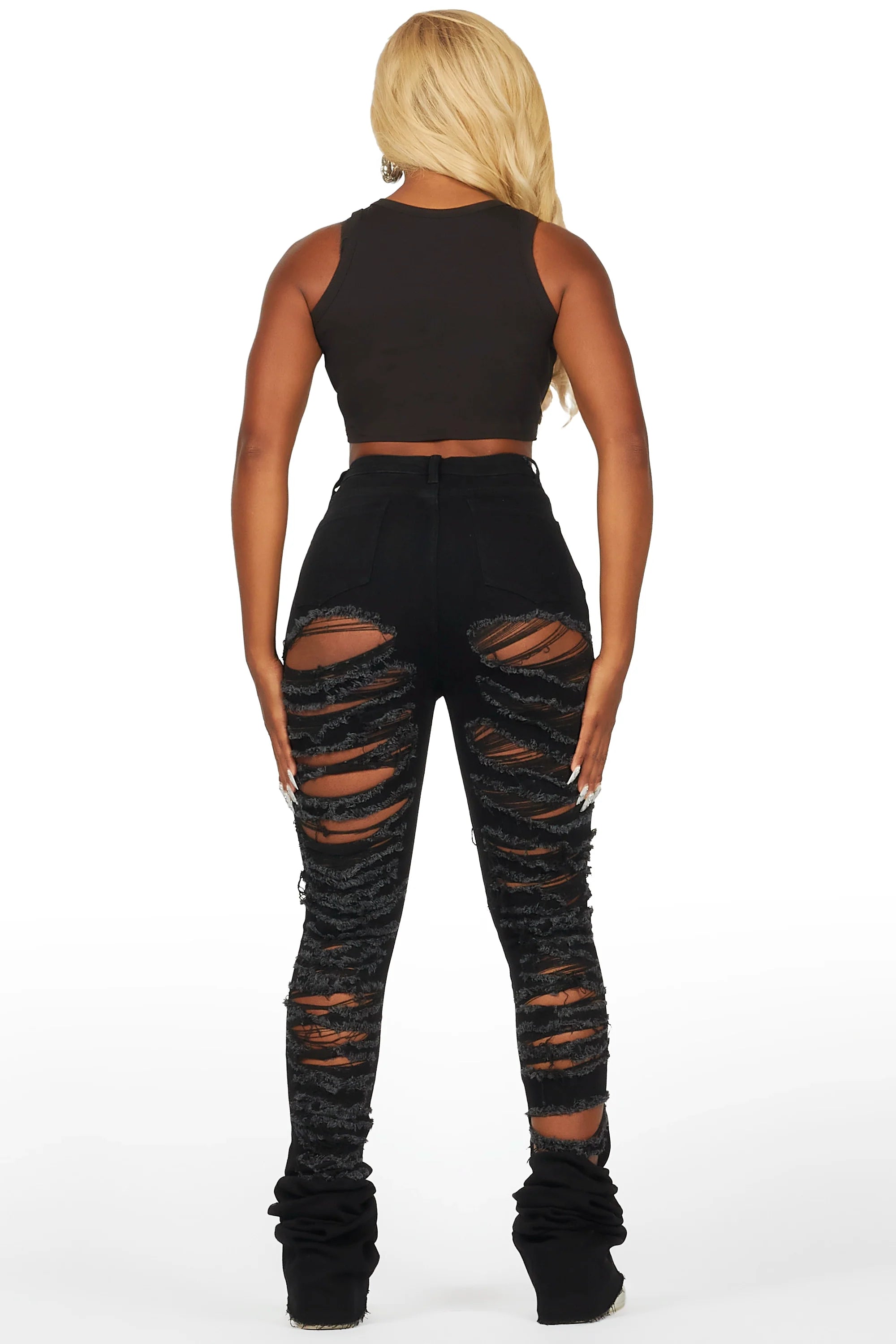 Capria Black Ultra Distressed Super Stacked Jean