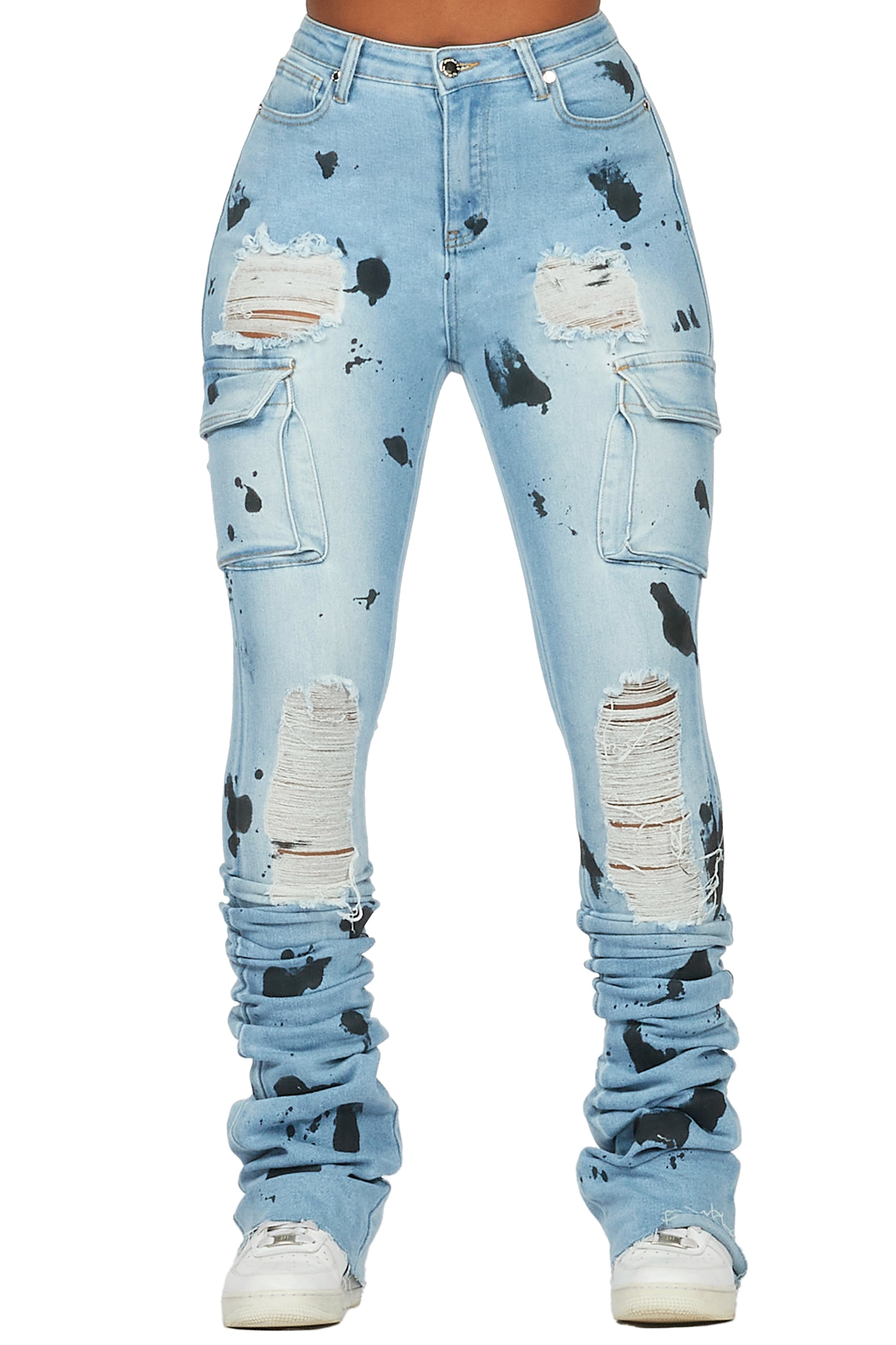 Tersenis Light Wash Painted Cargo Super Stacked Jean
