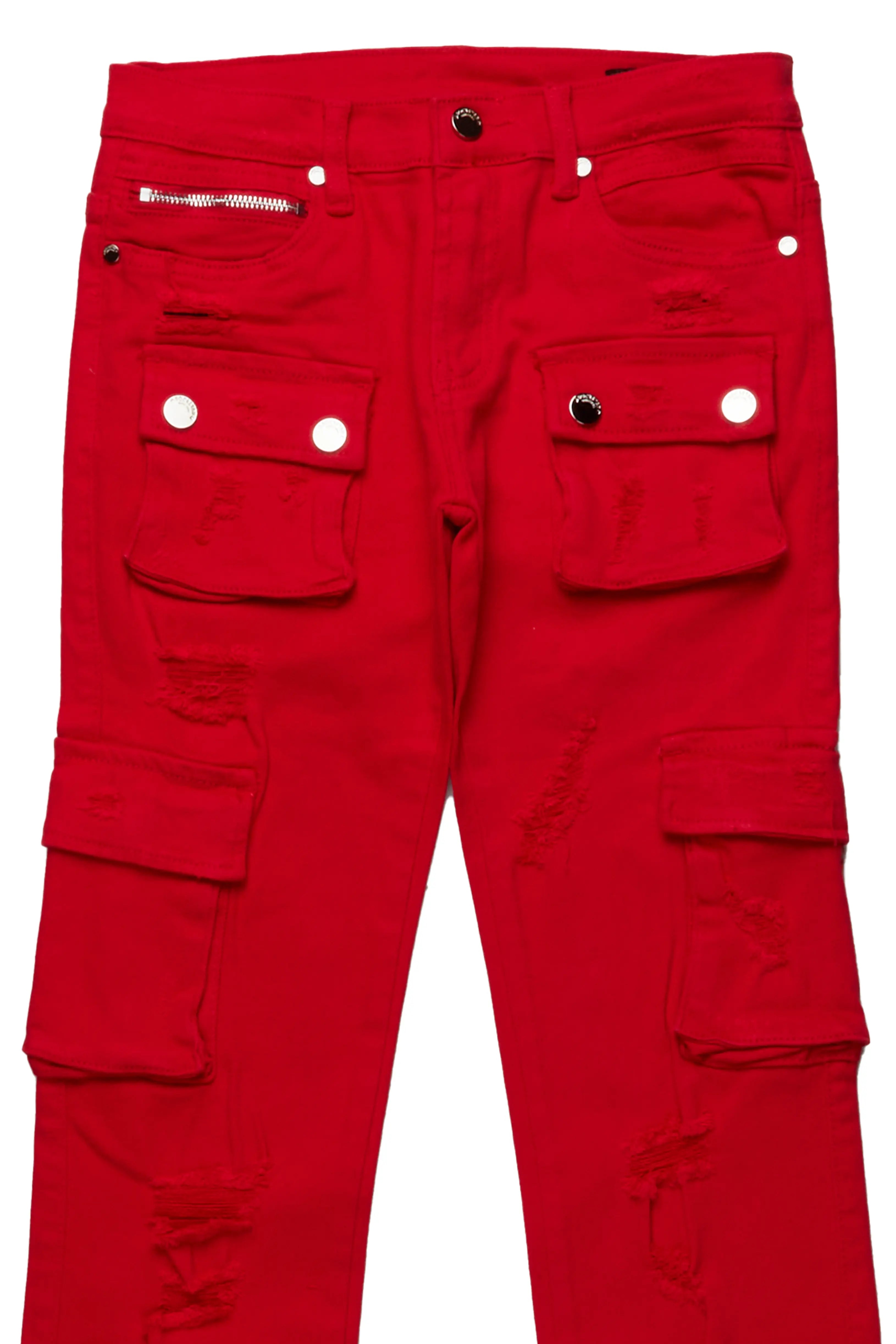 Boys Zaire Red Cargo Super Stacked Flare Jean