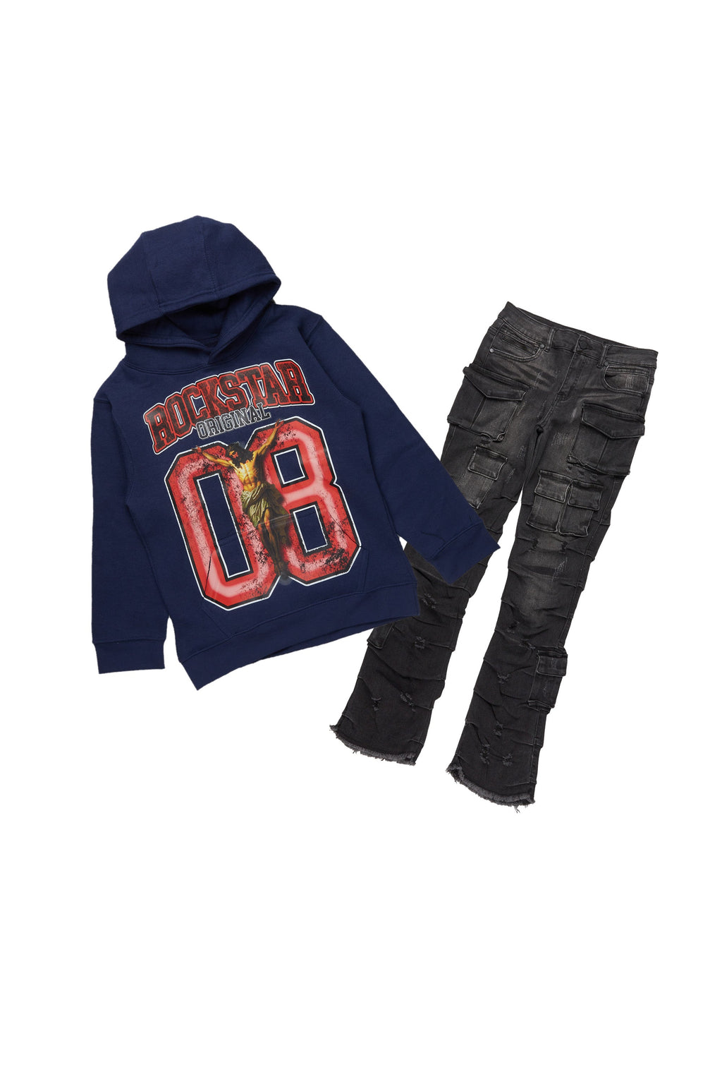 Boys Fields Navy Hoodie/Stack Flare Jean Set