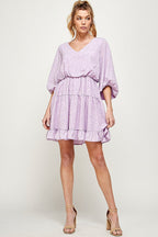 Short Printed Ruffled 3/4 Sleeve Dress