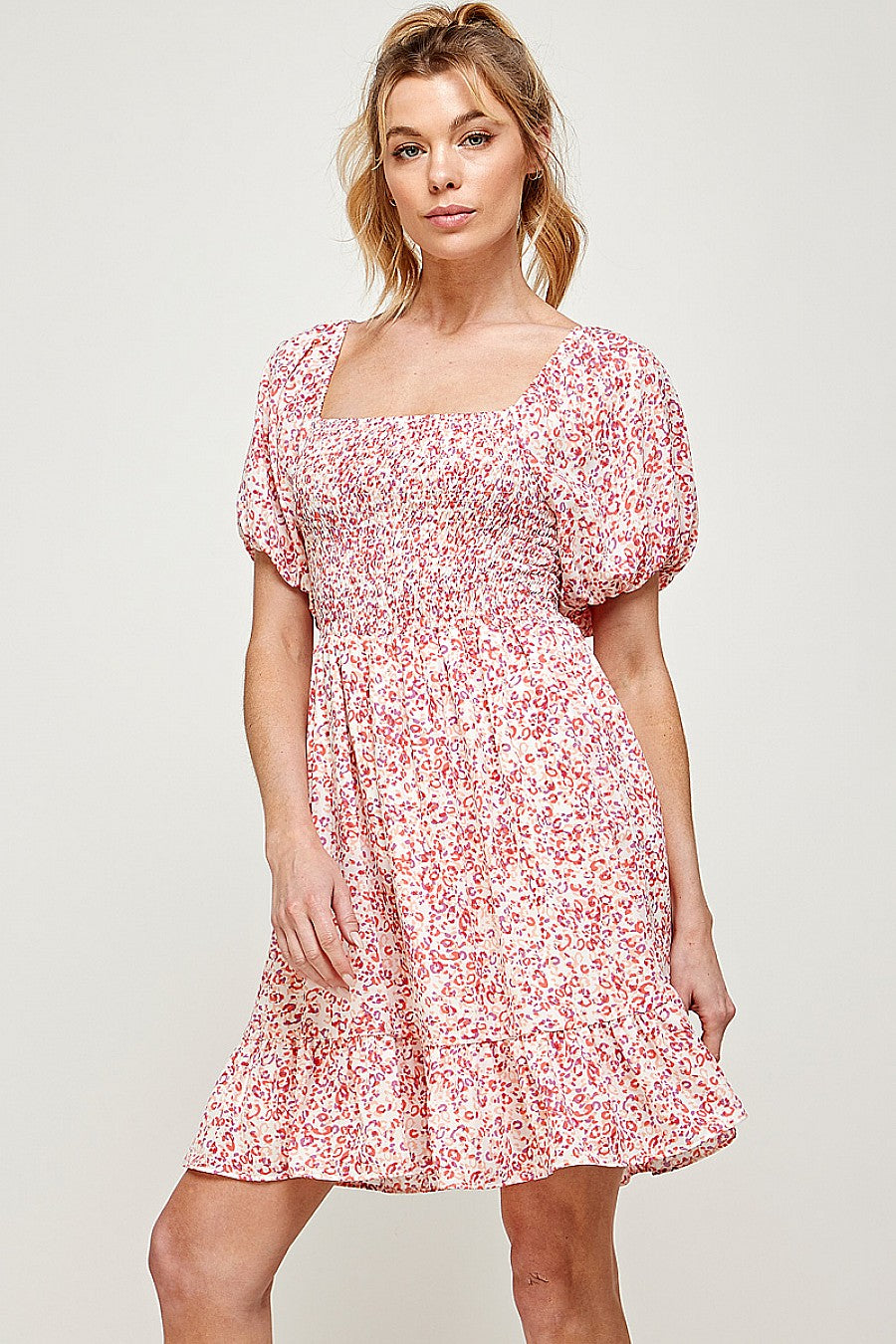 Short Puff Sleeve Printed Mini Dress