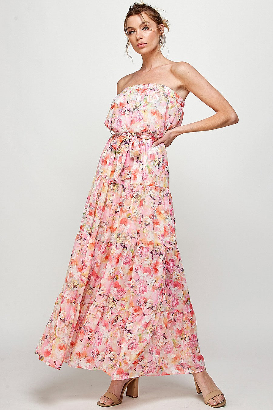 Long Strapless Floral Print Maxi Dress