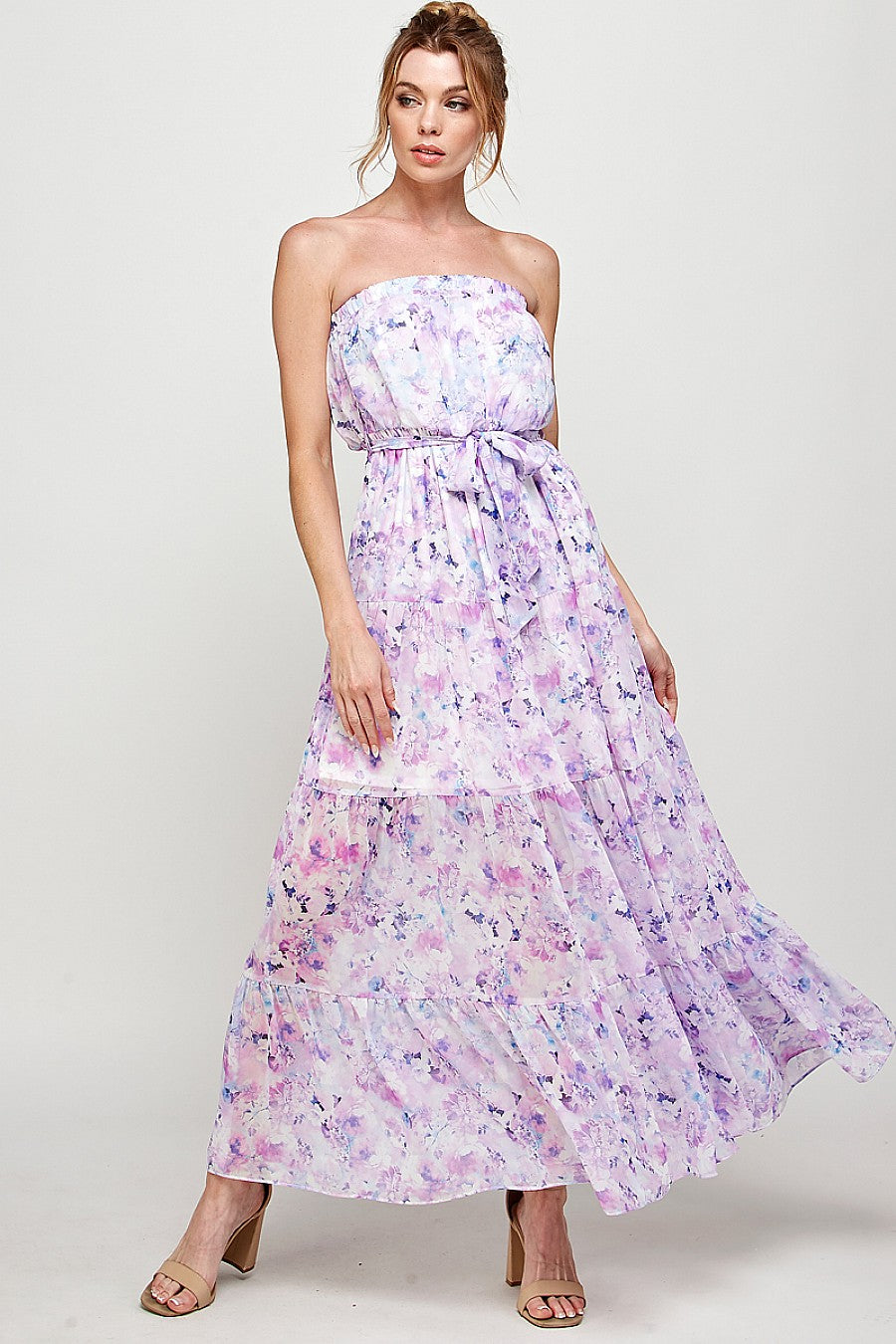Long Strapless Floral Print Maxi Dress