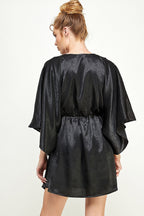 Short V Neck Pleated Satin Dress