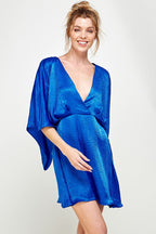 Short V Neck Pleated Satin Dress