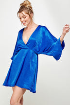 Short V Neck Pleated Satin Dress