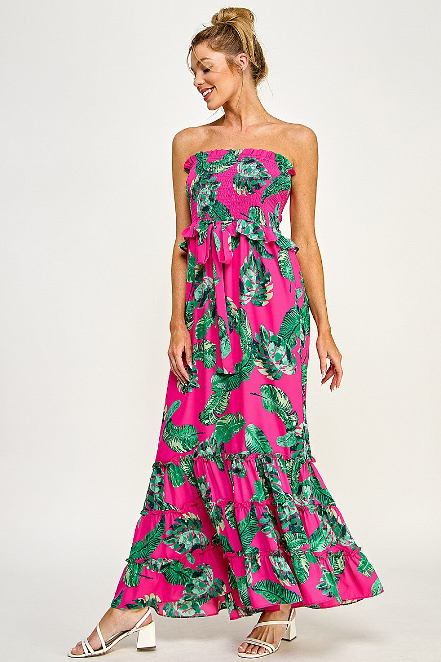 Long Strapless Floral Tiered Maxi Dress