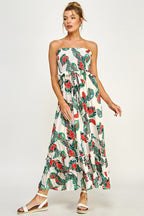 Long Strapless Floral Tiered Maxi Dress