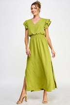 Long V Neck Side Slit Maxi Dress