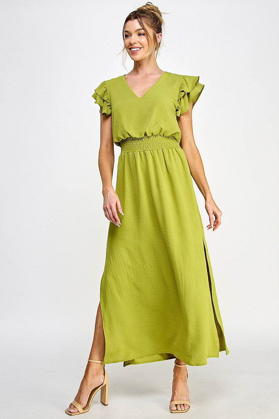 Long V Neck Side Slit Maxi Dress