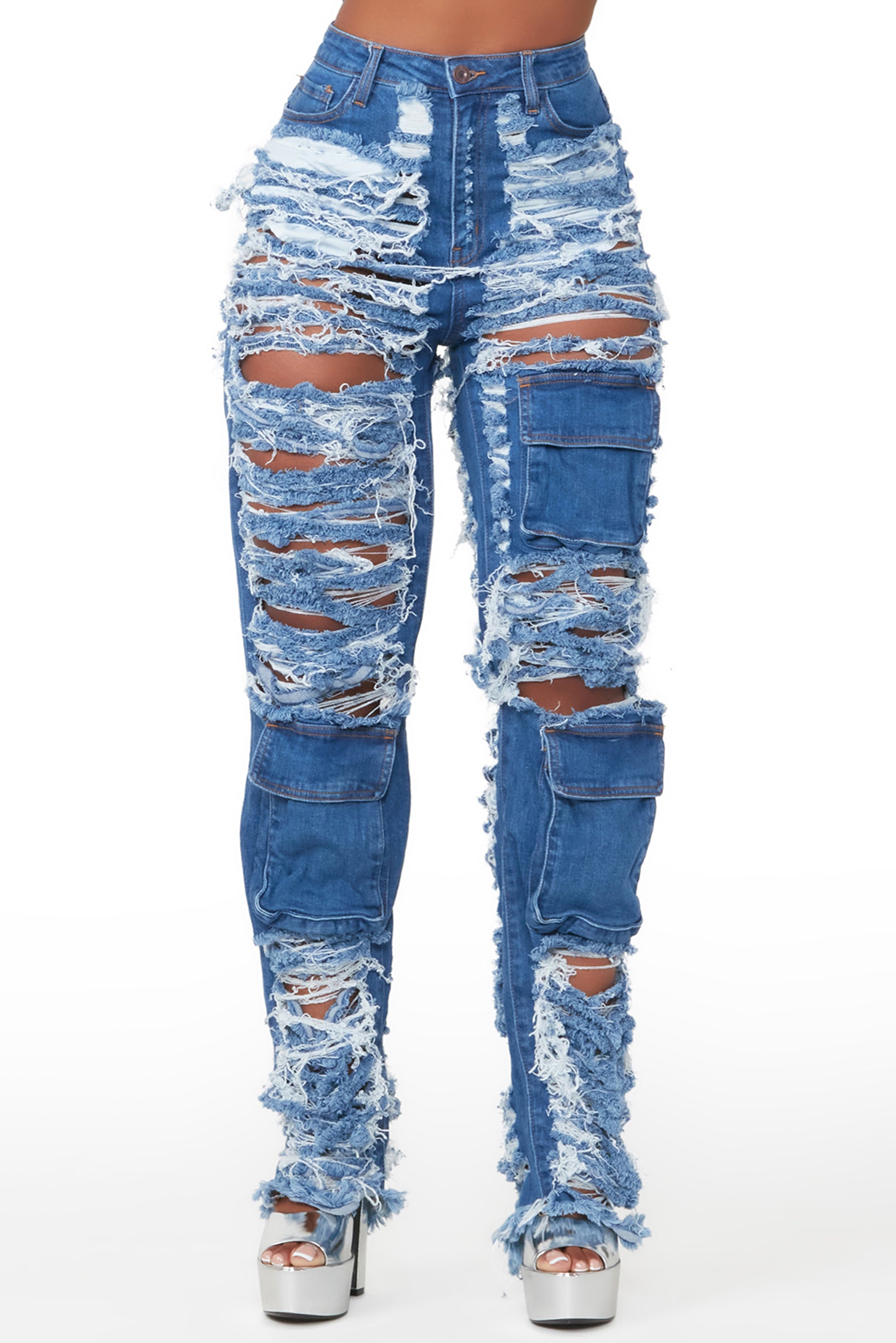 Serenity Med. Wash Super Shredded Wide Leg Jean