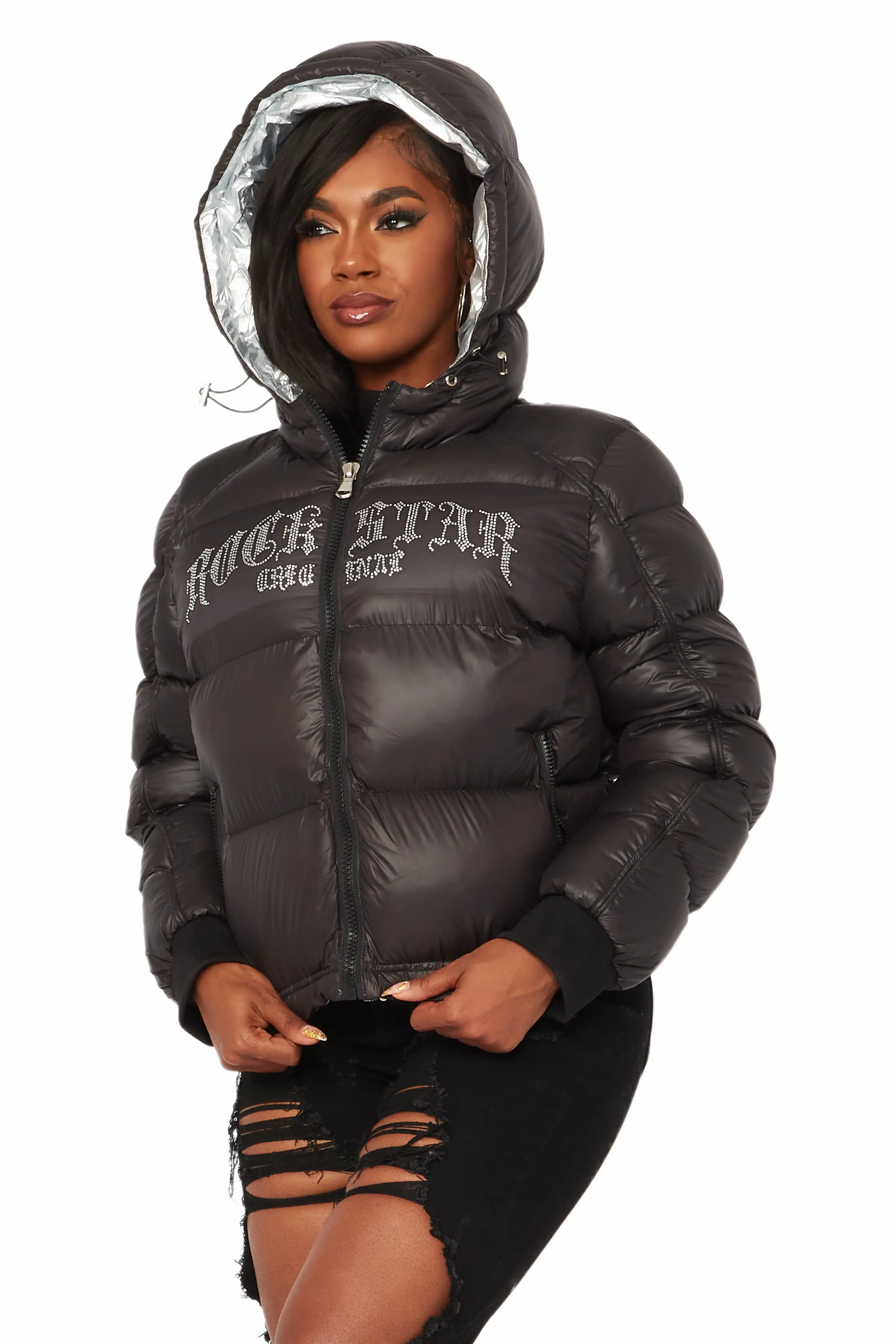Rose Black Puffer Jacket