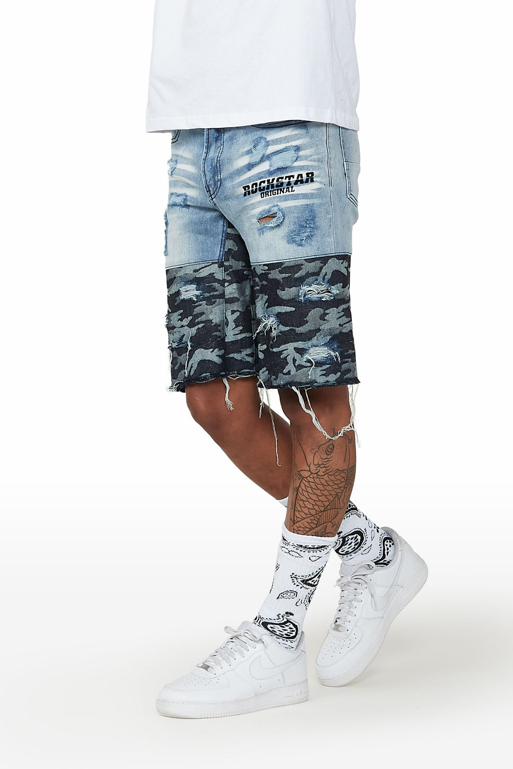 Santigo Blue/Grey Camo Camo Patchwork Denim Short