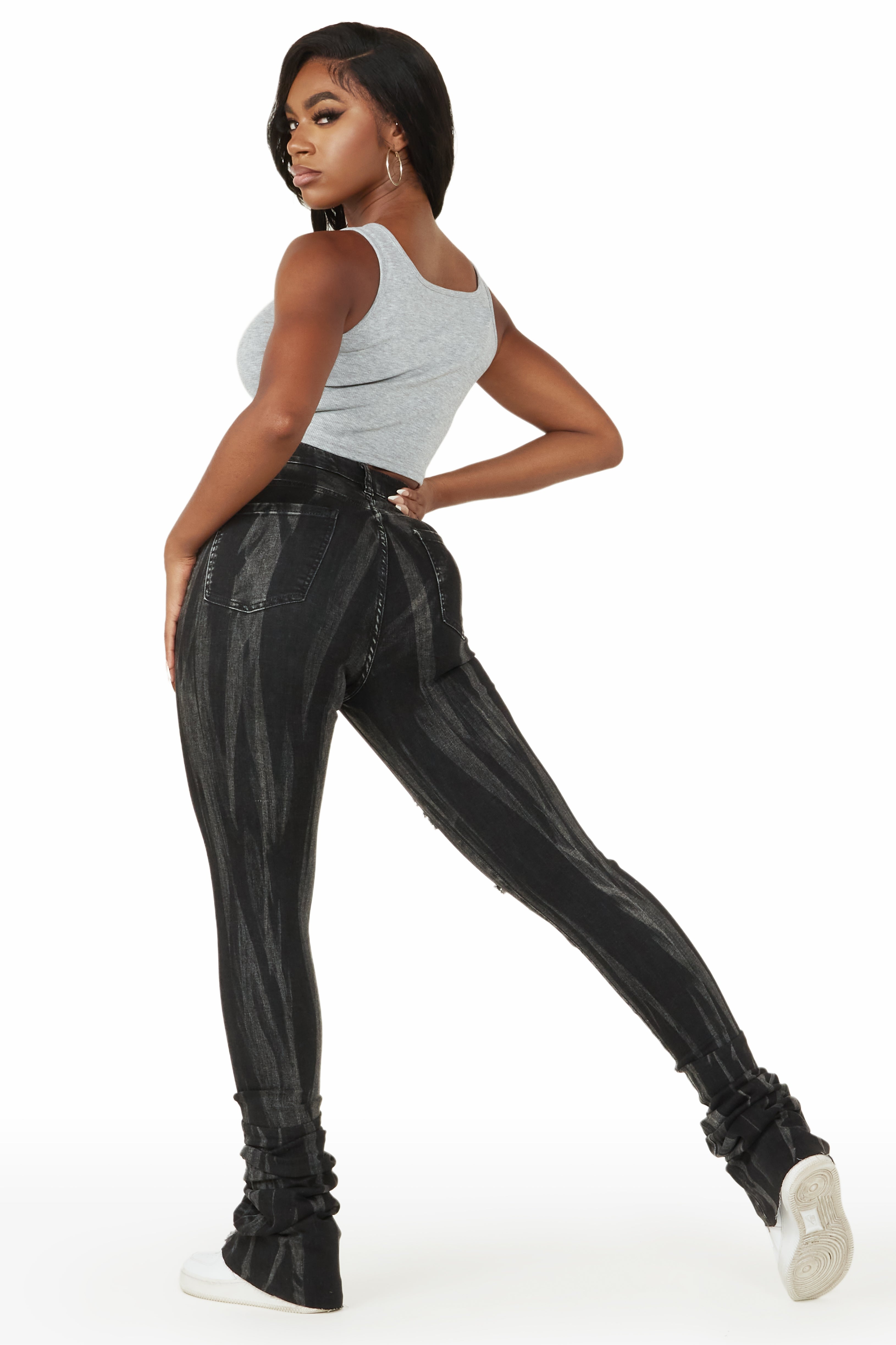 Isha Black Distressed Super Stacked Jean