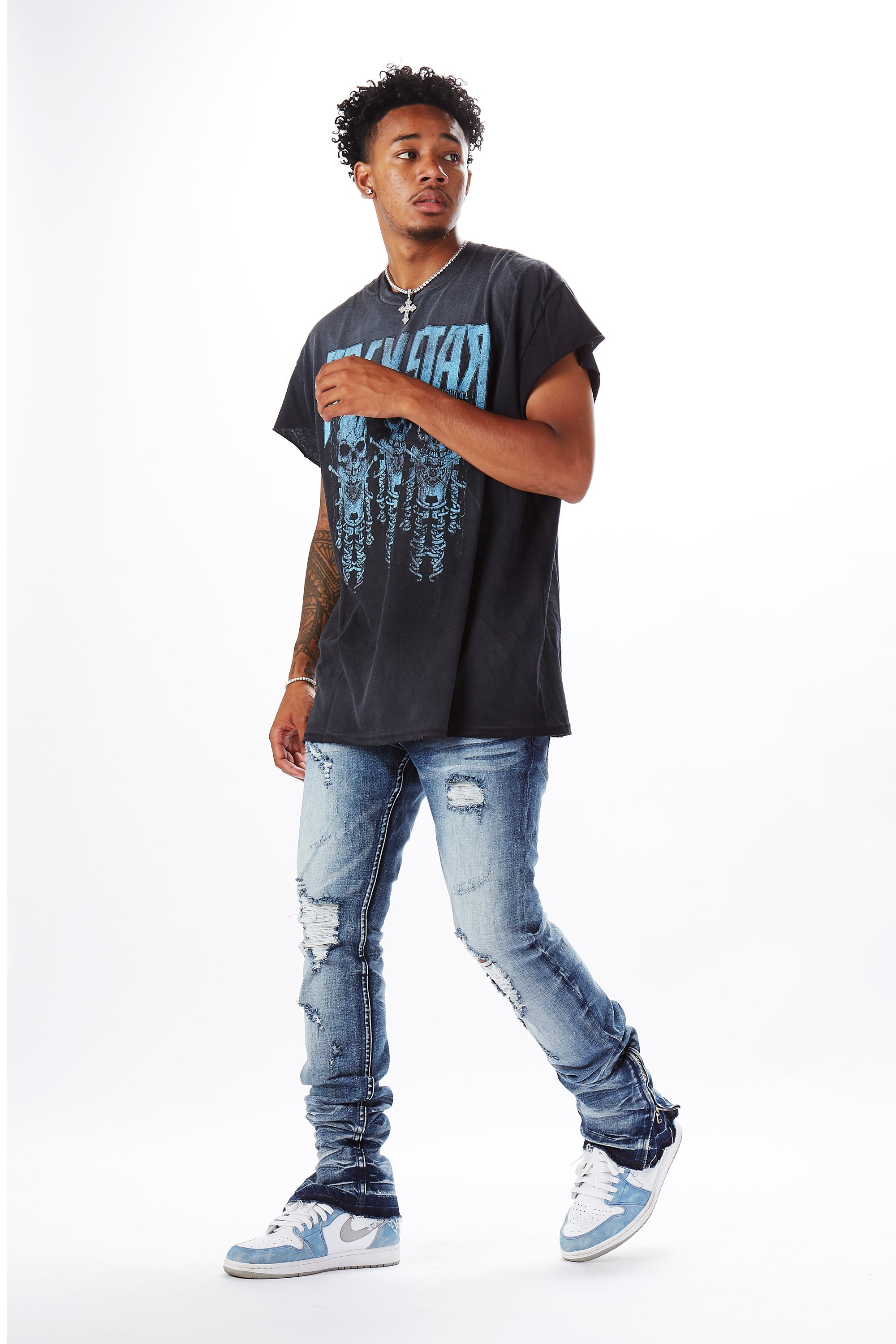 Jaymes Dark Blue Stacked Flare Jean