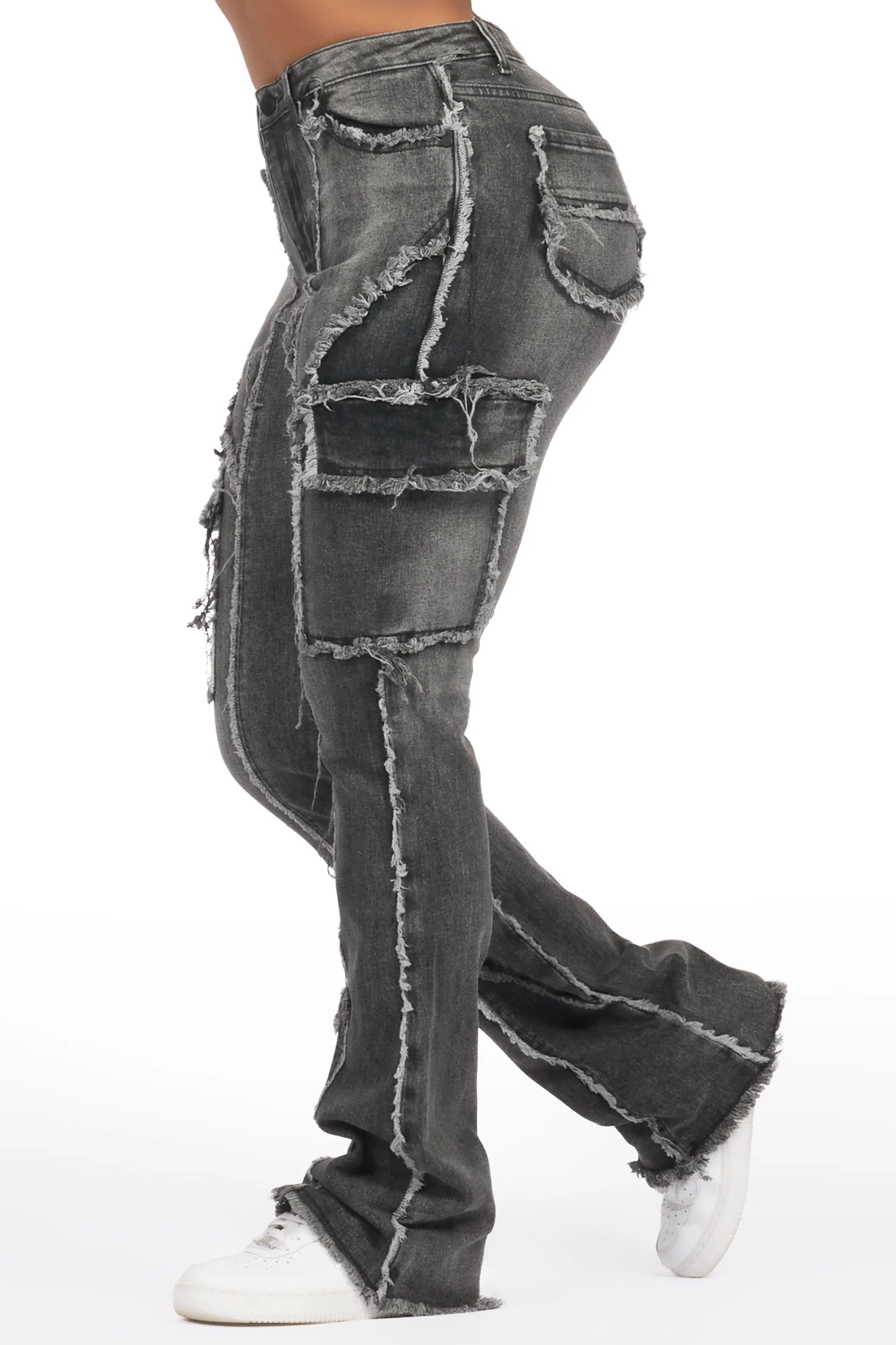 Keshia Dark Grey Wash Stacked Flare Jean