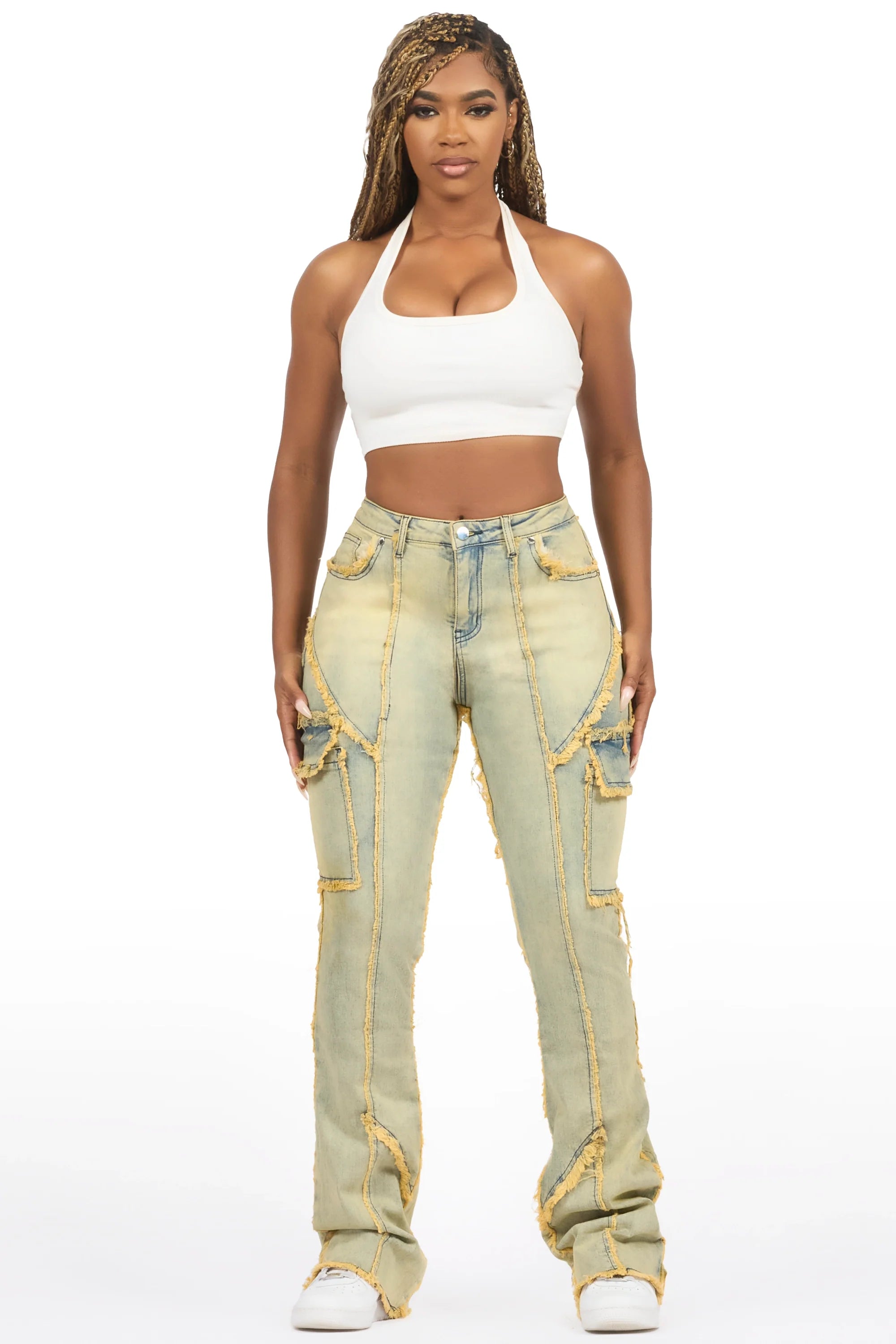 Keshia Dirty Blue Wash Stacked Flare Jean