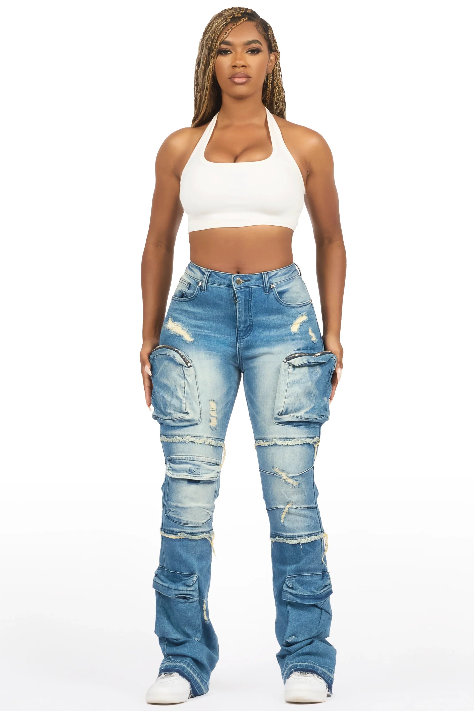 Toniesha Dirty Blue Wash Stacked Flare Jean