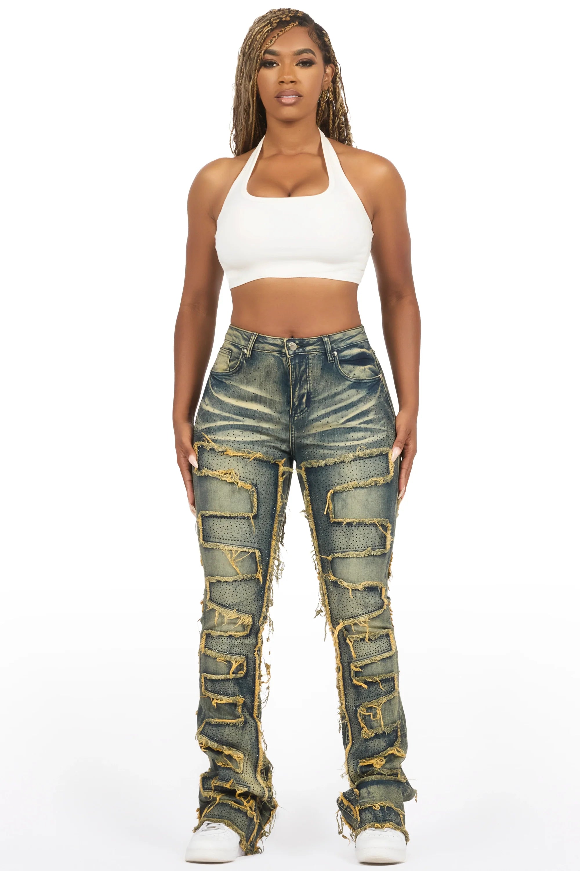 Zariyah Tinted Dark Wash Rhinestone Stacked Flare Jean