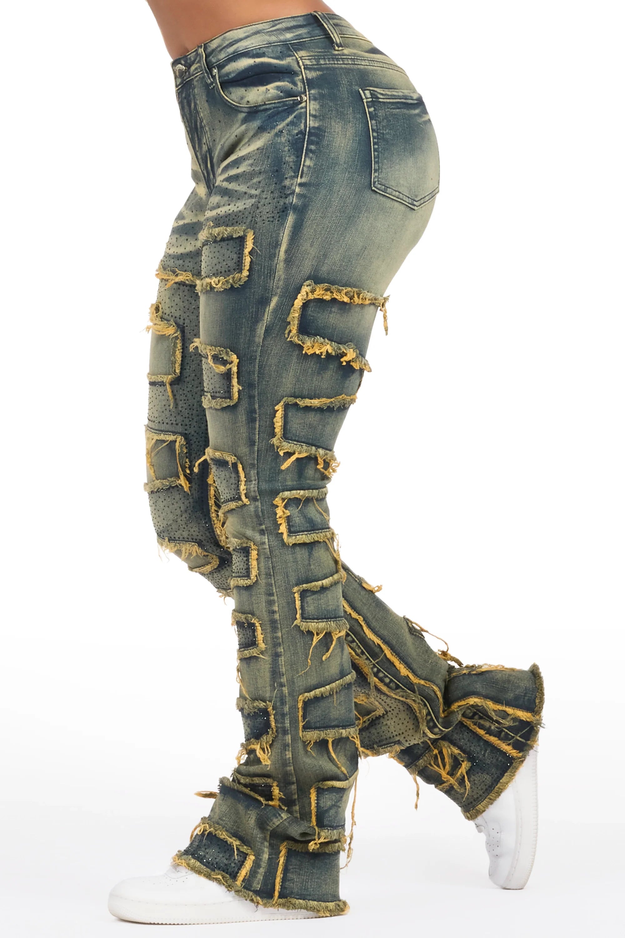 Zariyah Tinted Dark Wash Rhinestone Stacked Flare Jean