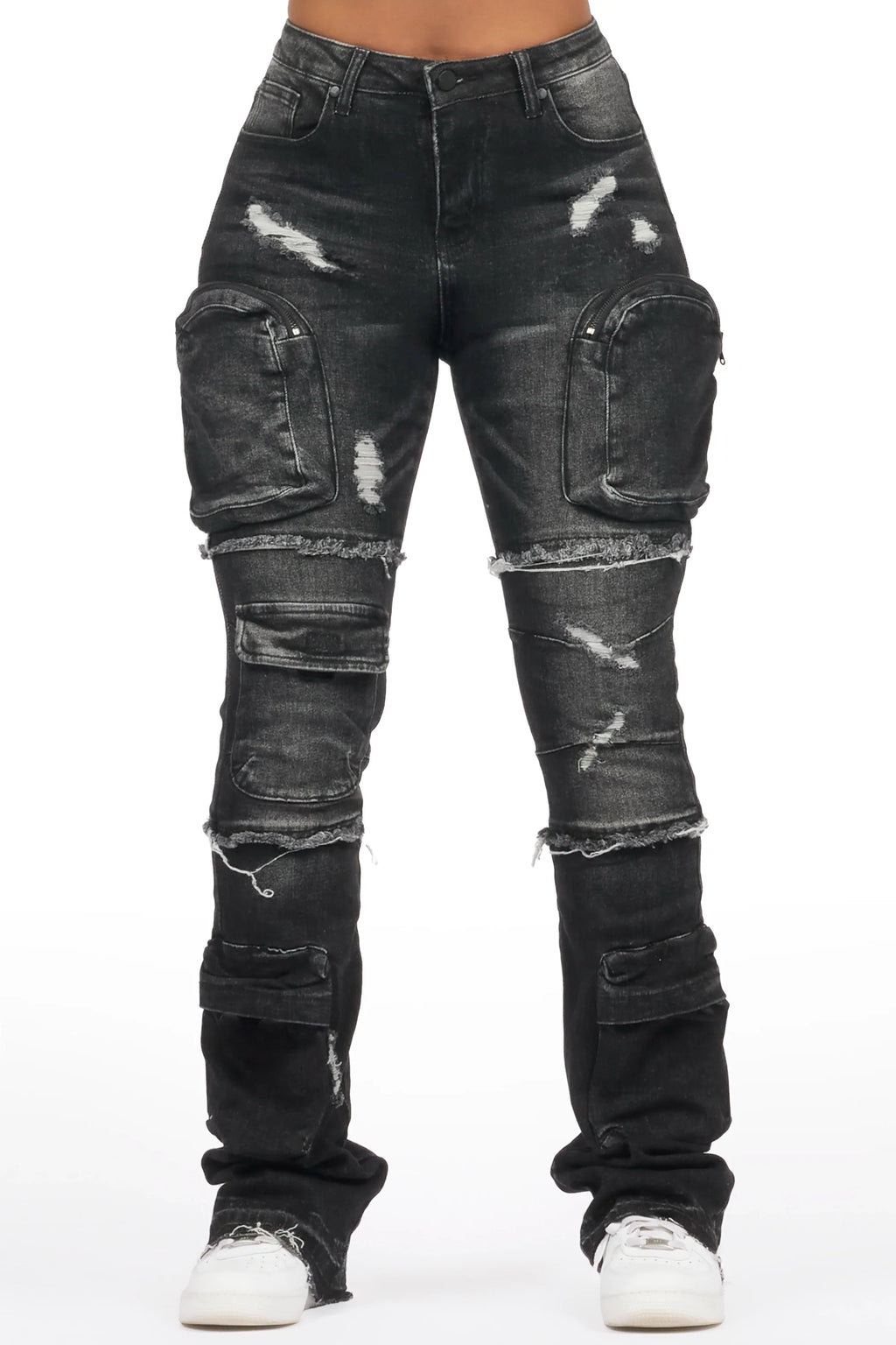 Toniesha Dark Grey Wash Stacked Flare Jean