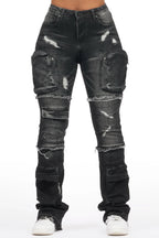 Toniesha Dark Grey Wash Stacked Flare Jean