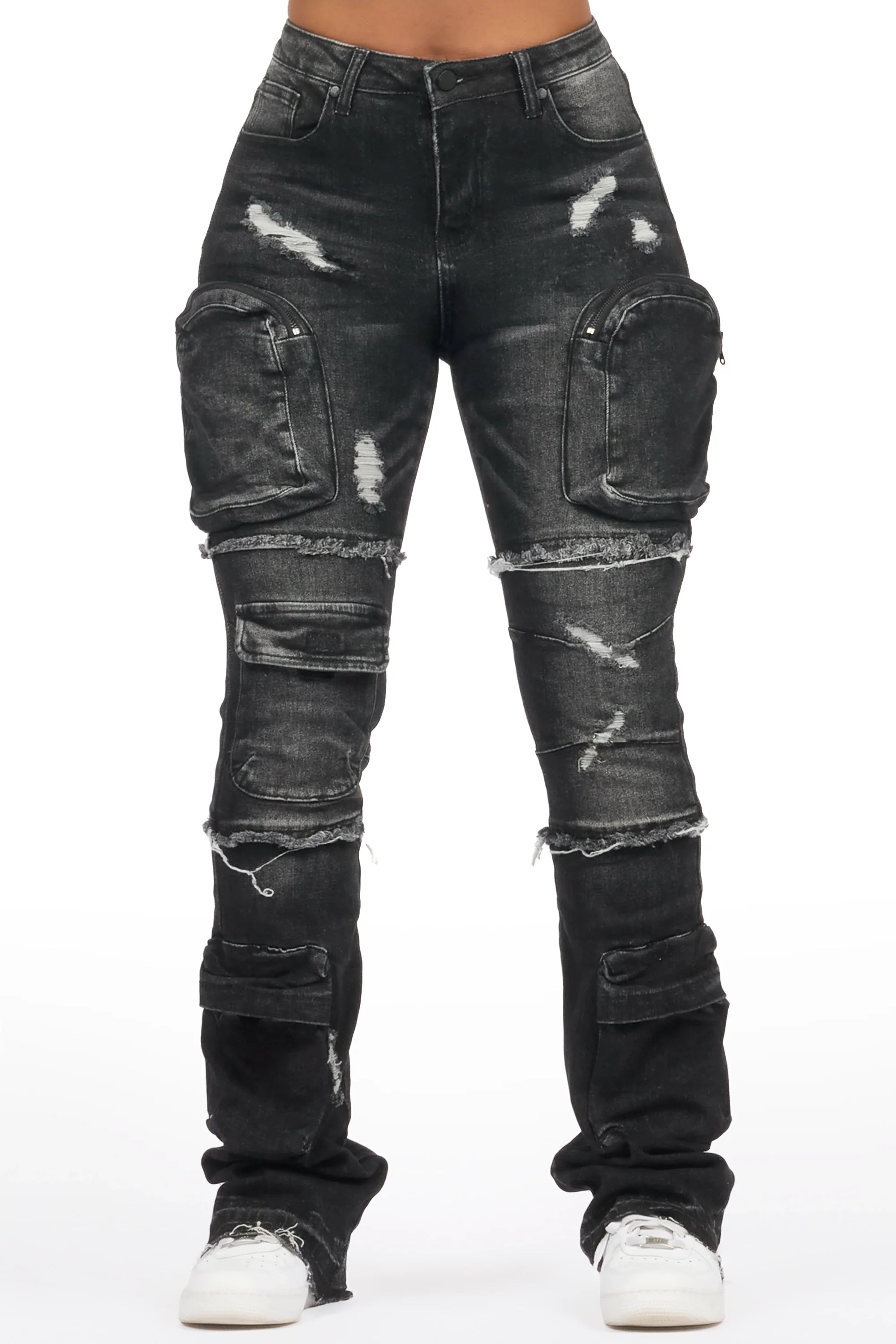 Toniesha Dark Grey Wash Stacked Flare Jean