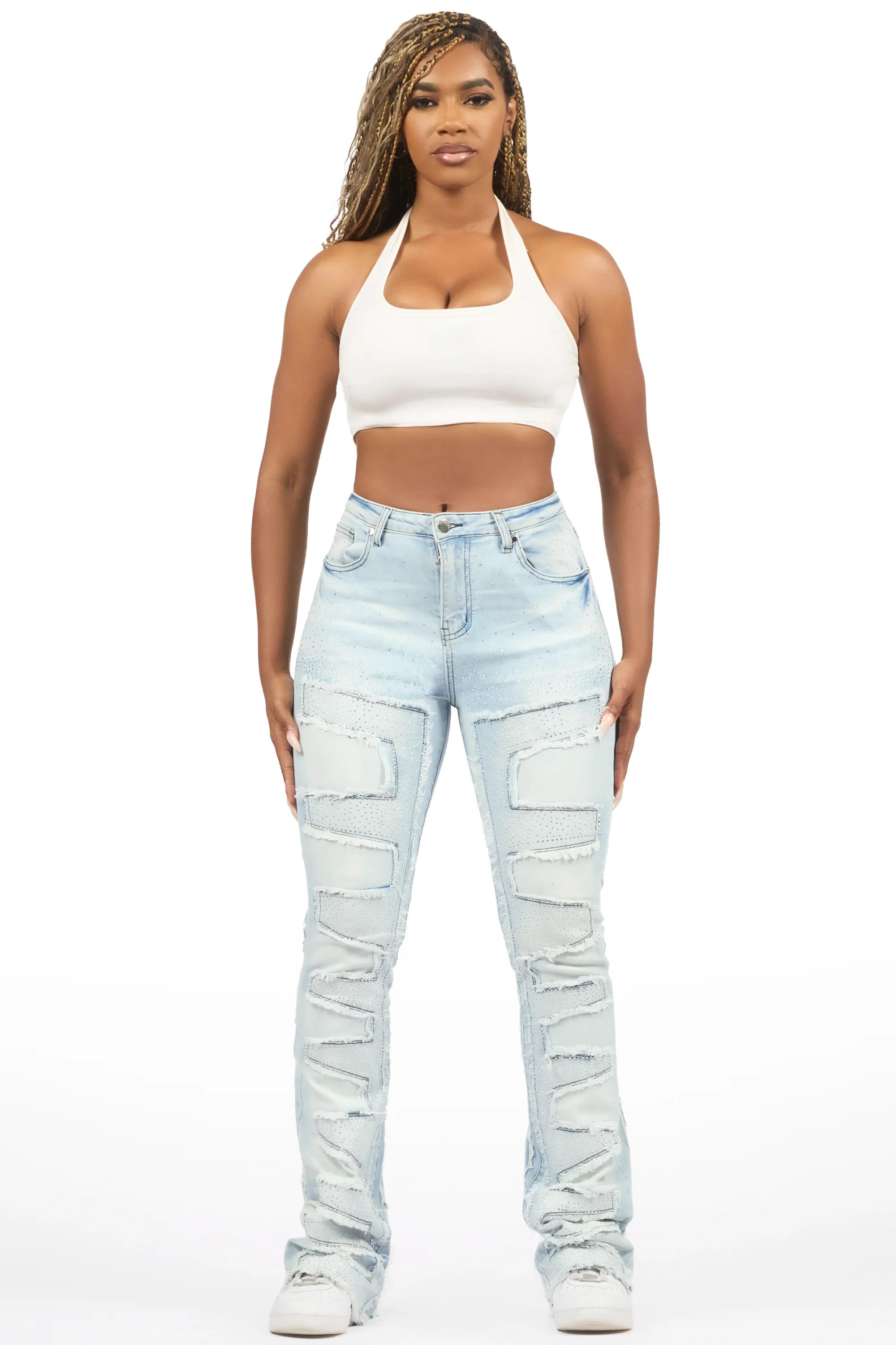 Zariyah Rhinestone Light Wash Stacked Flare Jean