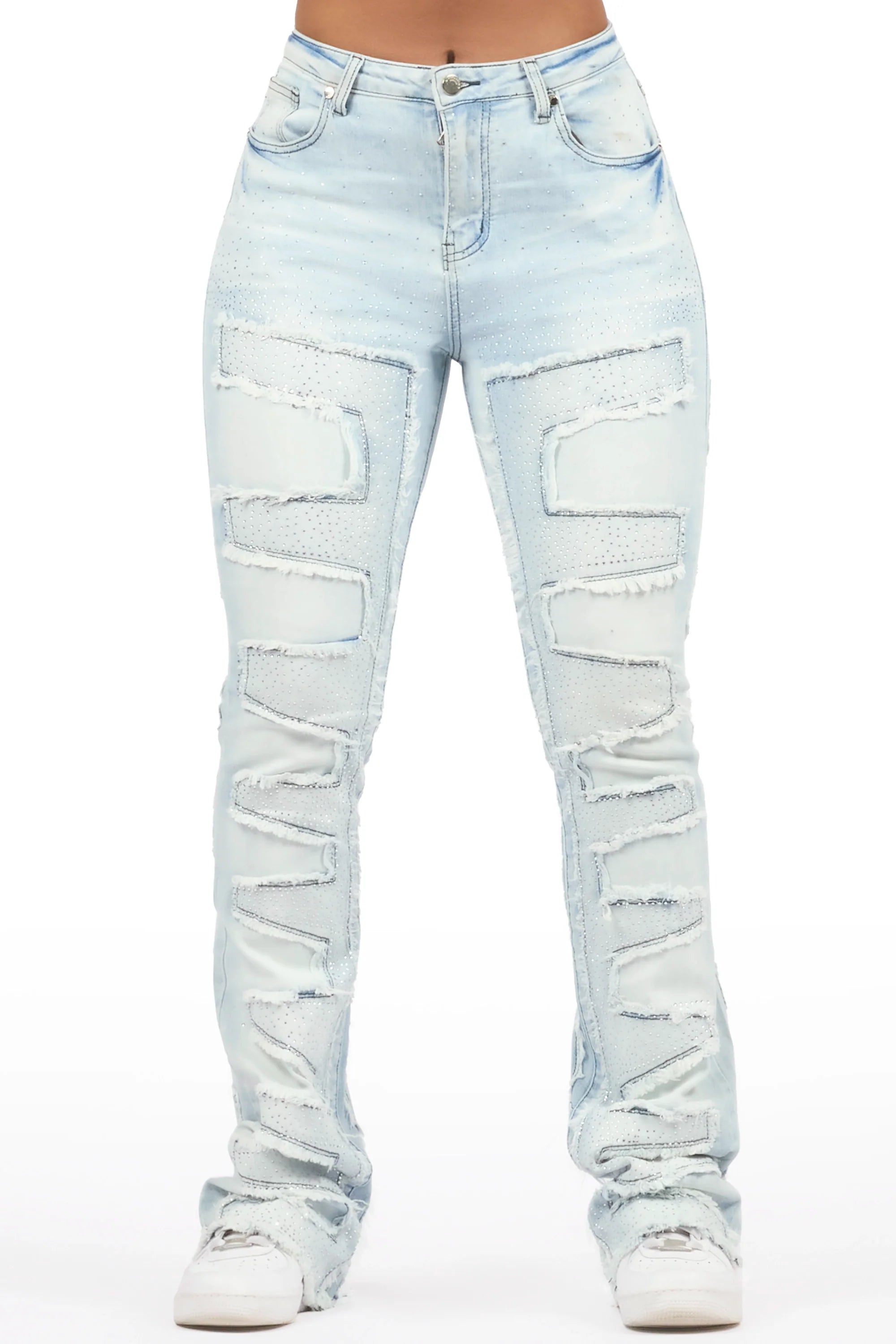 Zariyah Rhinestone Light Wash Stacked Flare Jean