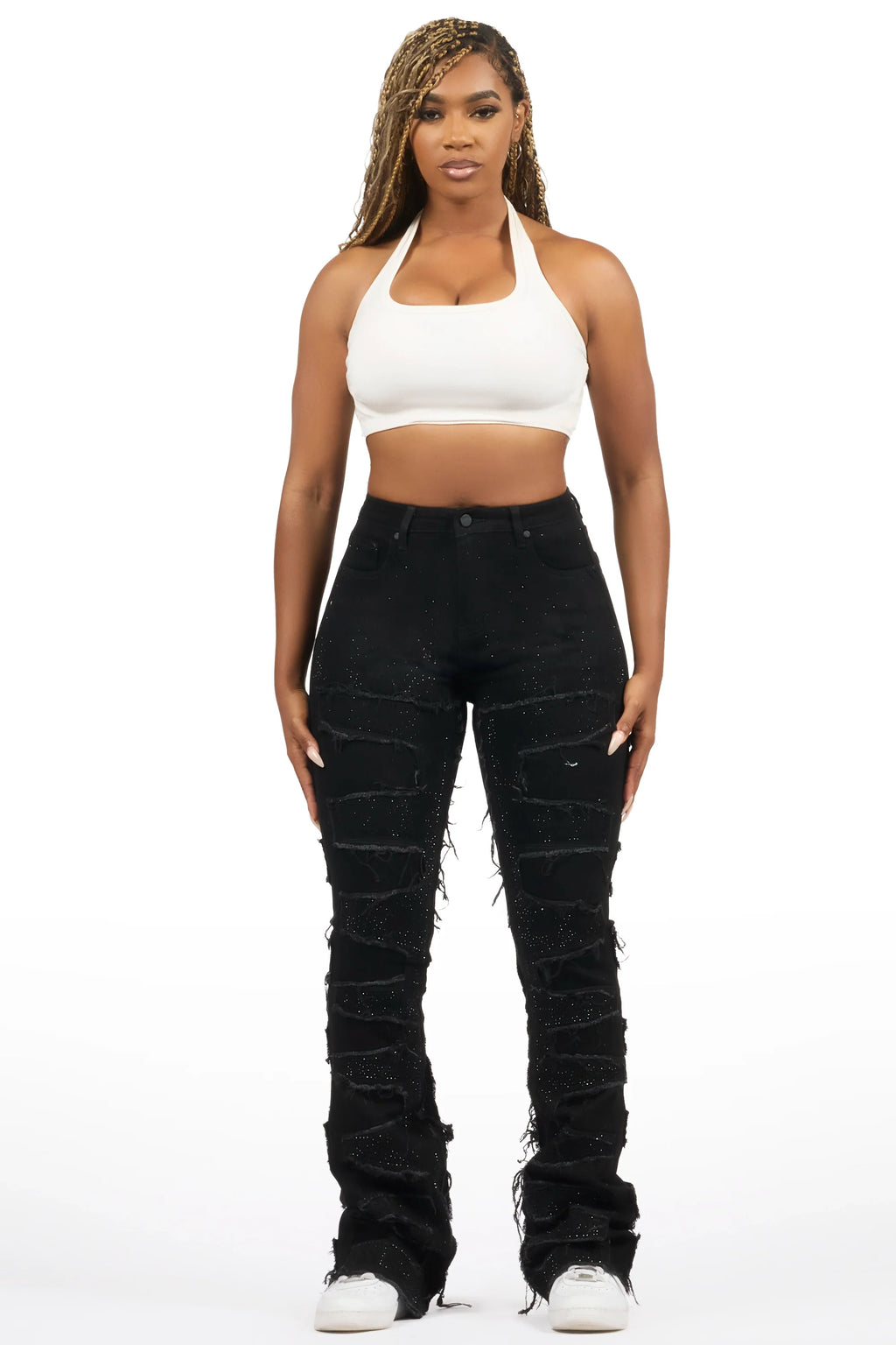 Zariyah Black Rhinestone Stacked Flare Jean