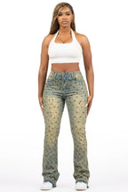 Sareka Tinted Dark Wash Rhinestone Stacked Flare Jean