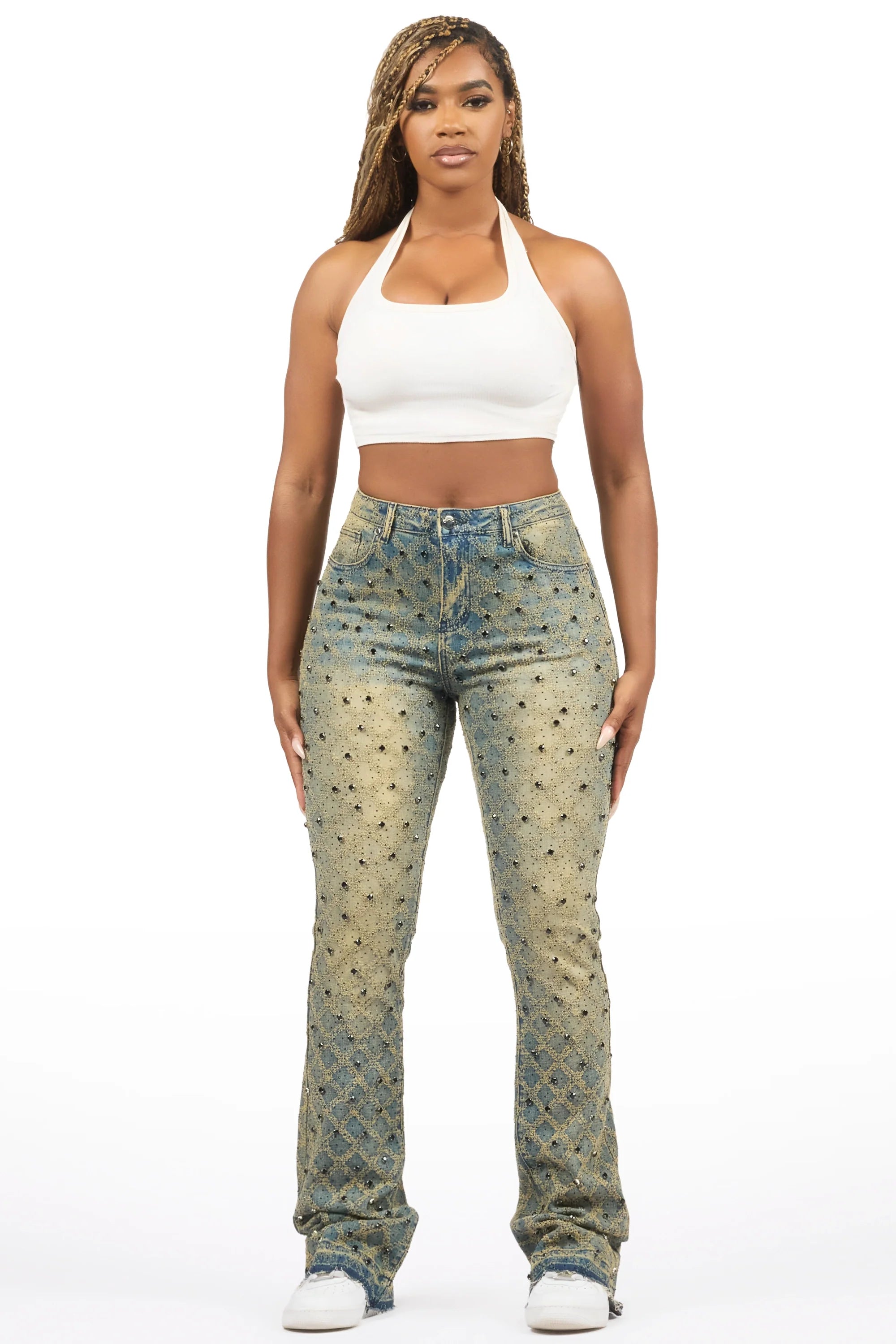 Sareka Tinted Dark Wash Rhinestone Stacked Flare Jean