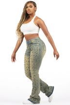 Sareka Tinted Dark Wash Rhinestone Stacked Flare Jean