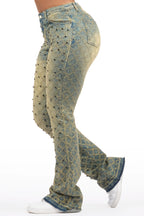 Sareka Tinted Dark Wash Rhinestone Stacked Flare Jean