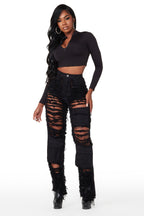 Serenity Black Super Shredded Wide Leg Jean