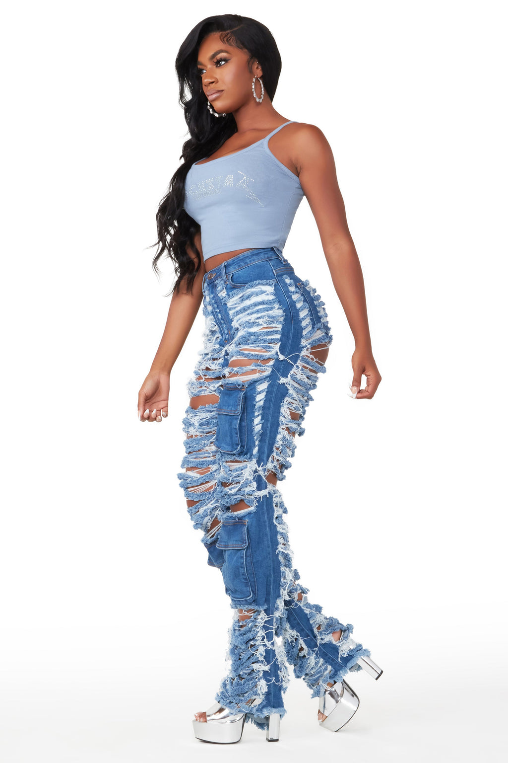 Serenity Med. Wash Super Shredded Wide Leg Jean