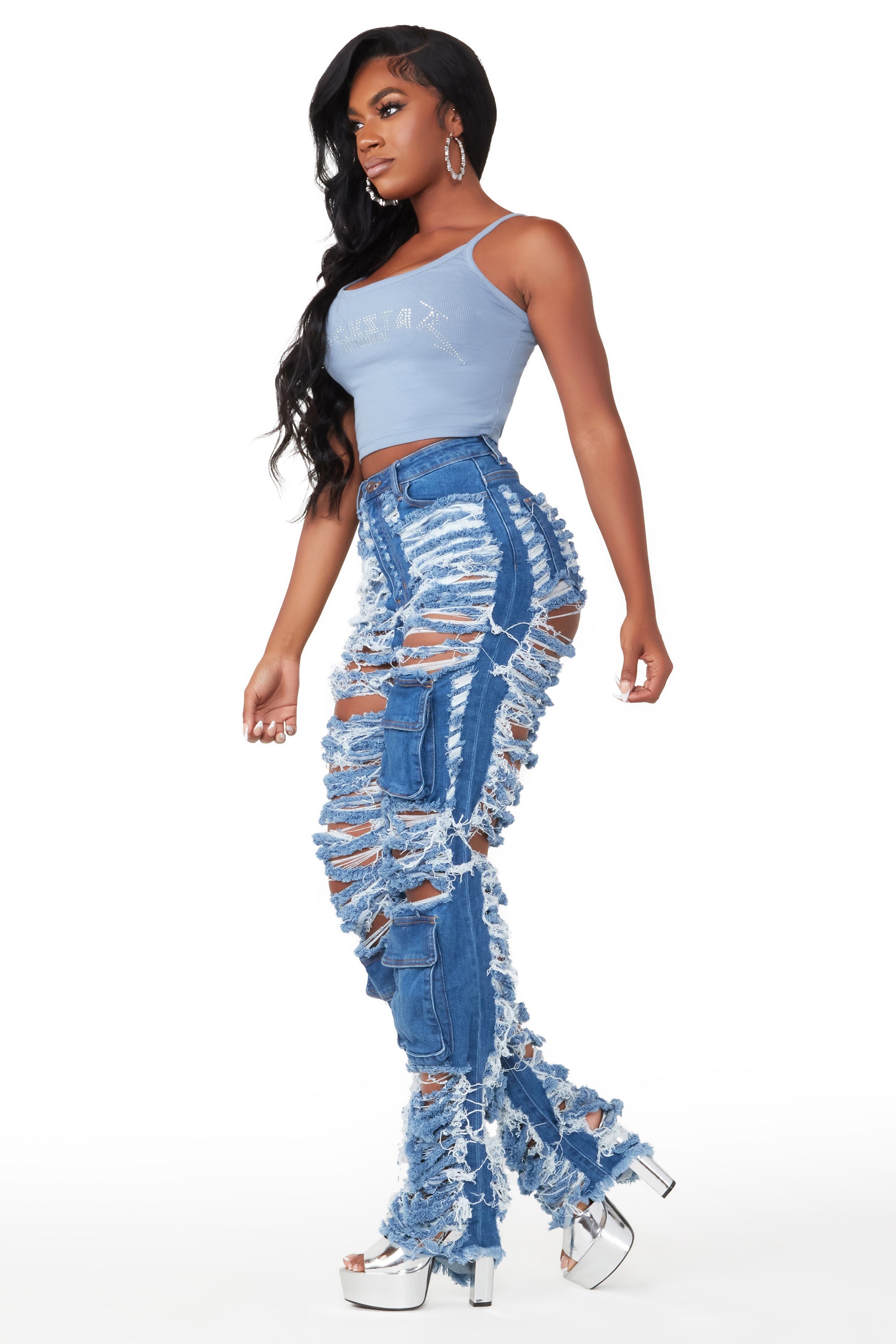 Serenity Med. Wash Super Shredded Wide Leg Jean