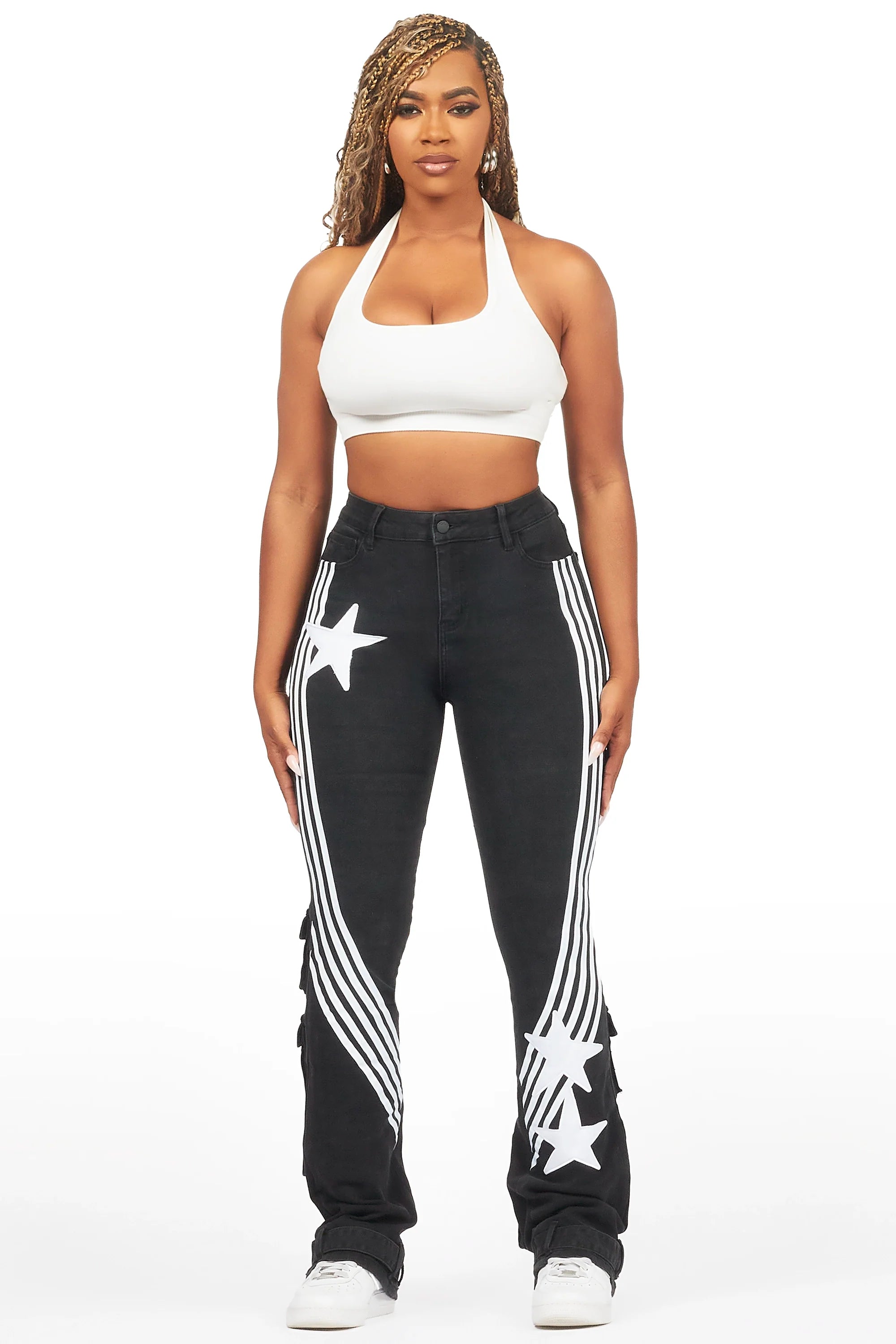 Jaziya Black Stacked Flare Jean