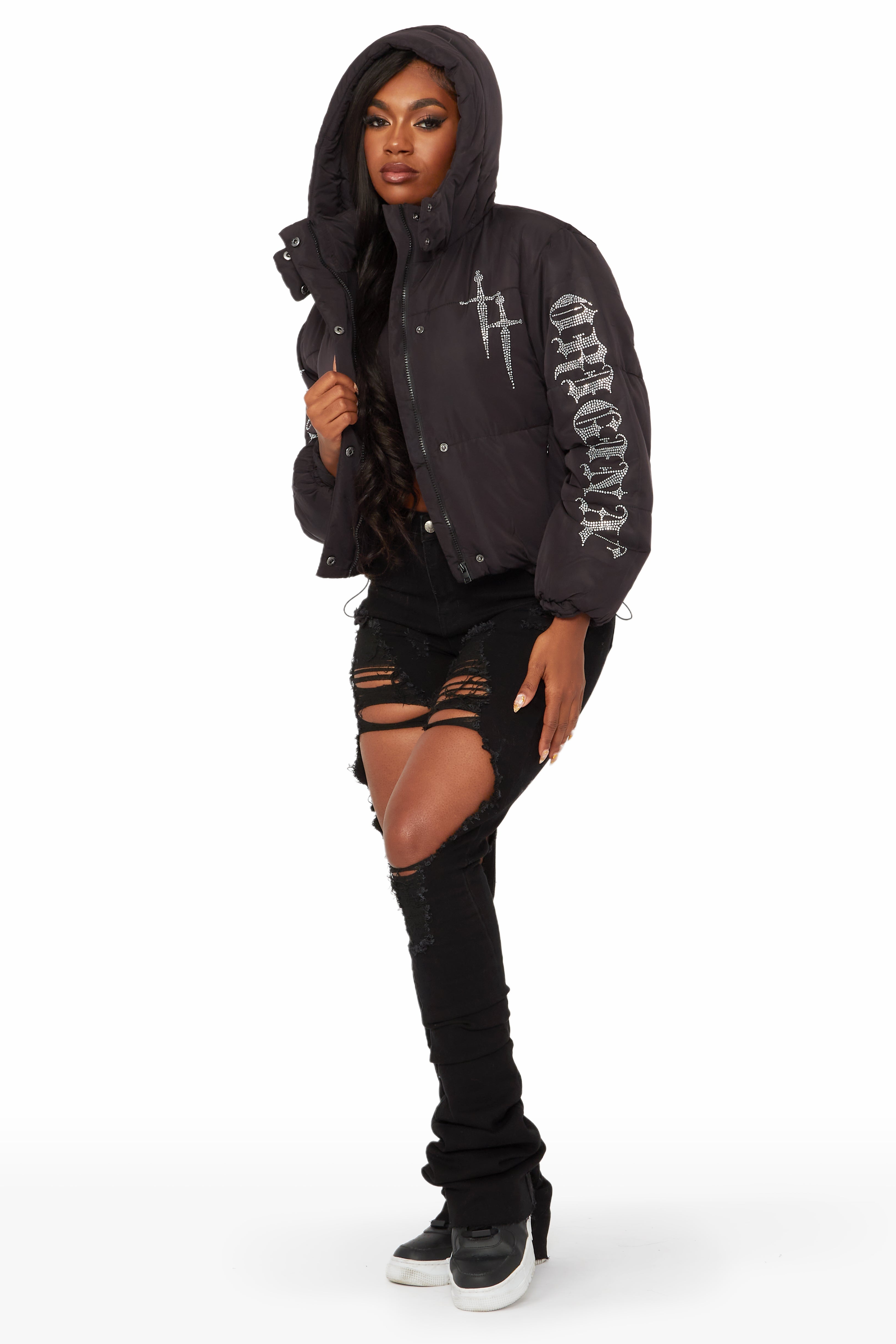 Kalisha Black Rhinestone Puffer Jacket