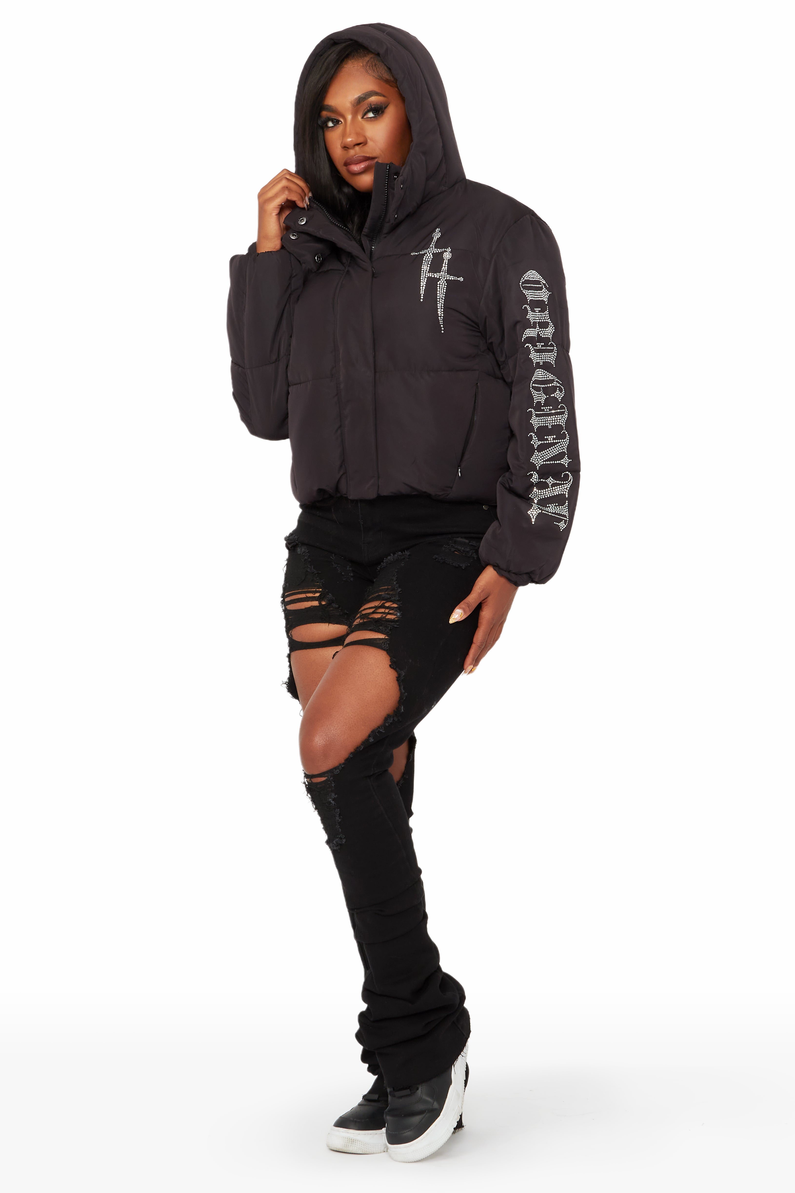 Kalisha Black Rhinestone Puffer Jacket