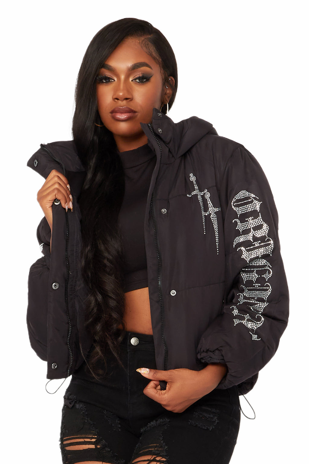 Kalisha Black Rhinestone Puffer Jacket