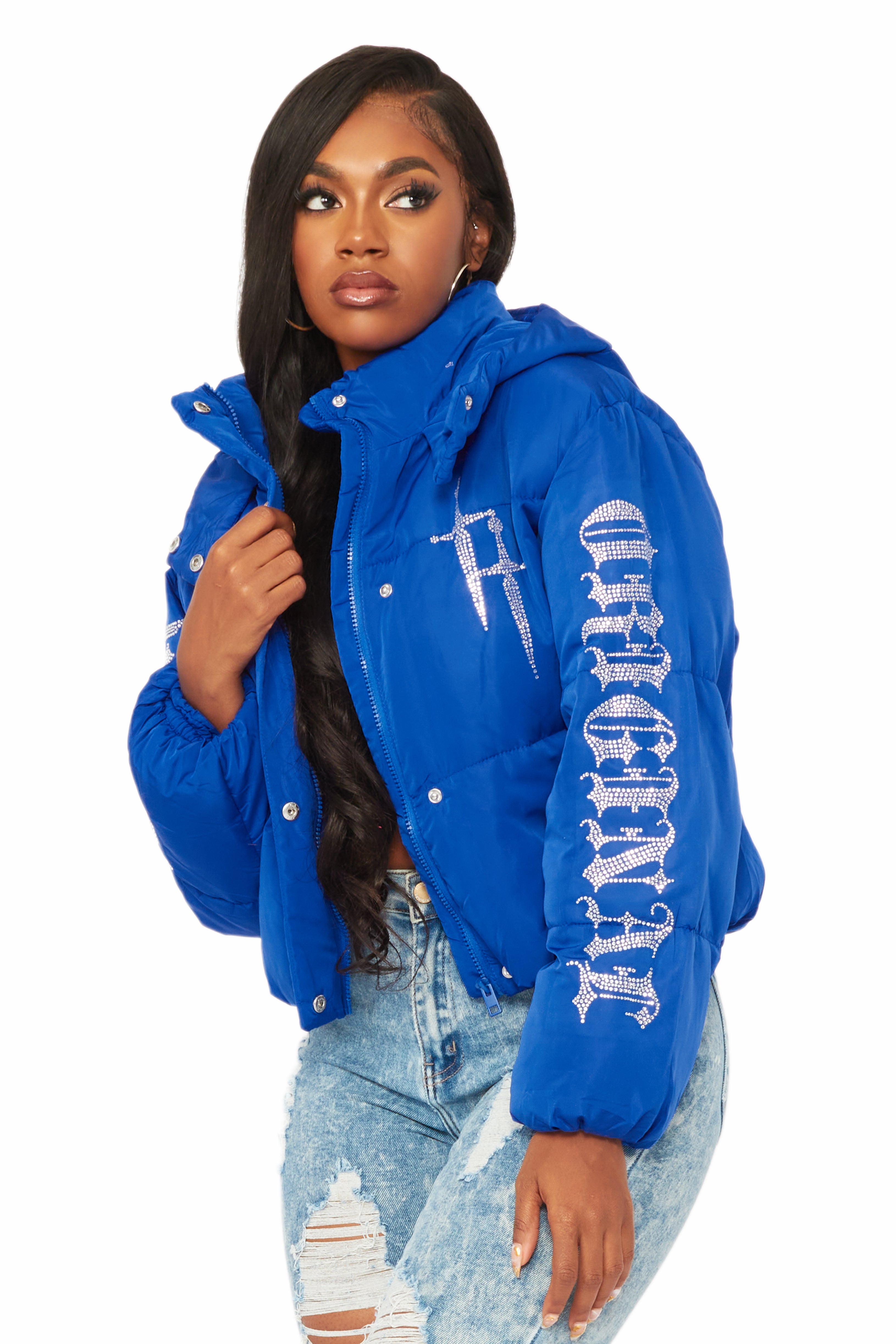 Kalisha Royal Blue Rhinestone Puffer Jacket