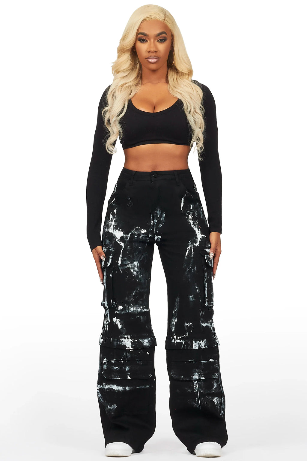 Necola Black Painted Stretch Wide Leg Jean