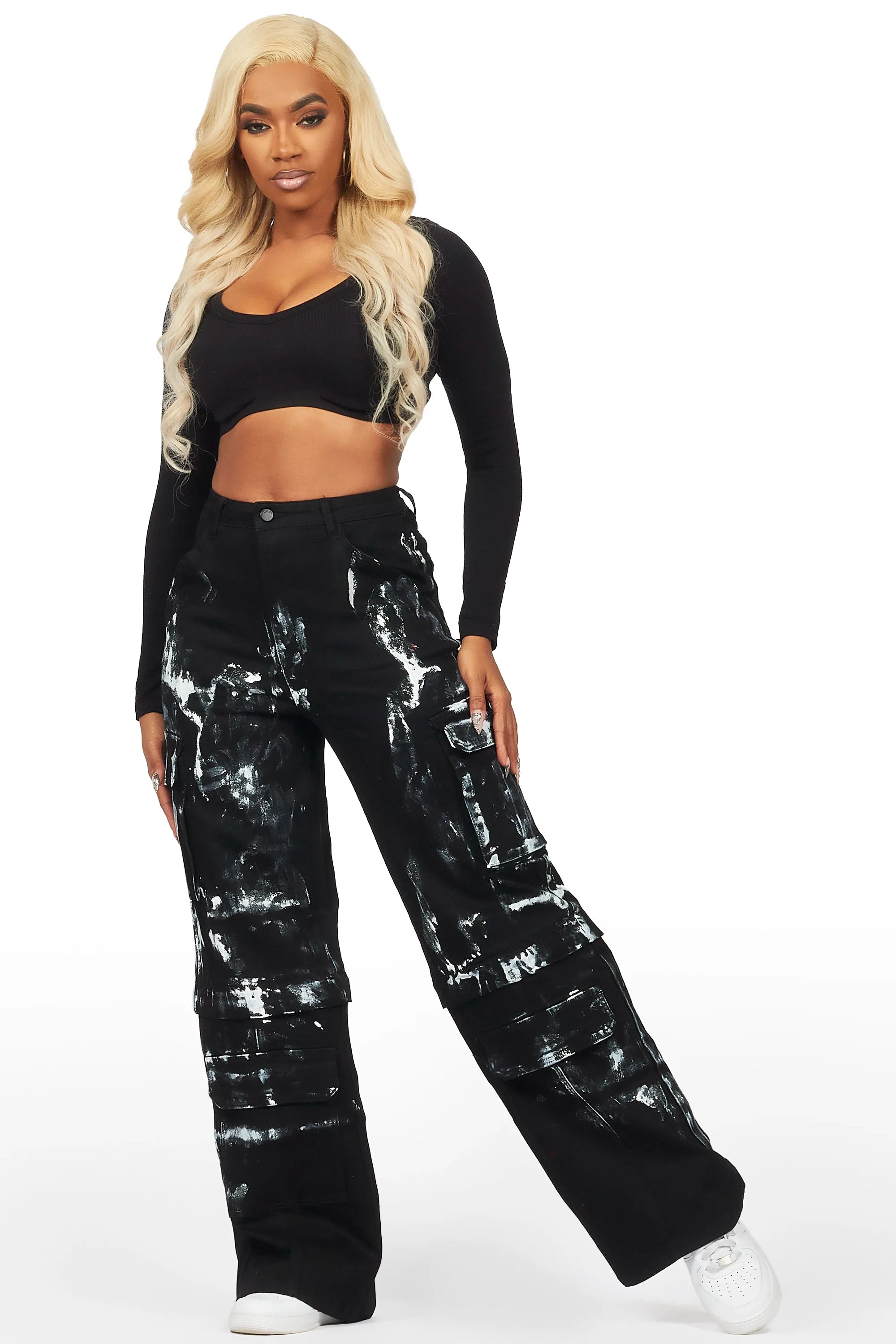 Necola Black Painted Stretch Wide Leg Jean