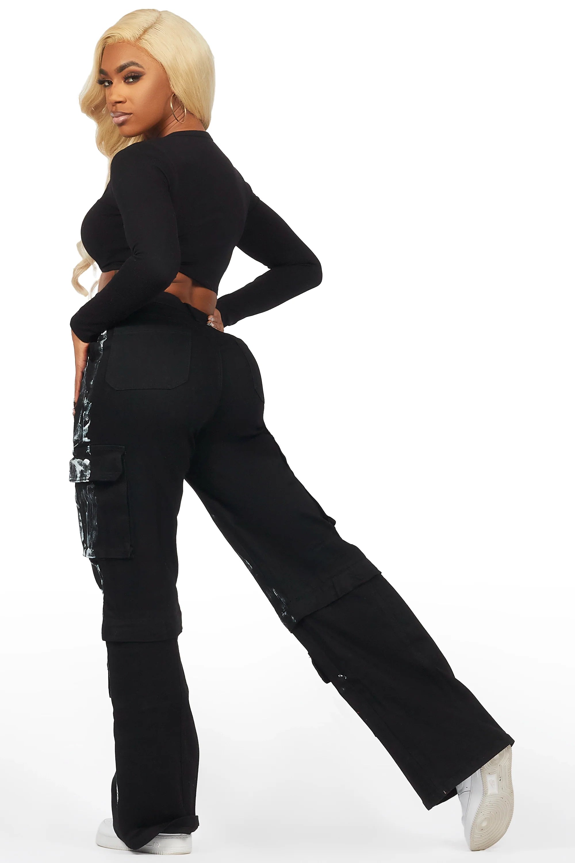 Necola Black Painted Stretch Wide Leg Jean